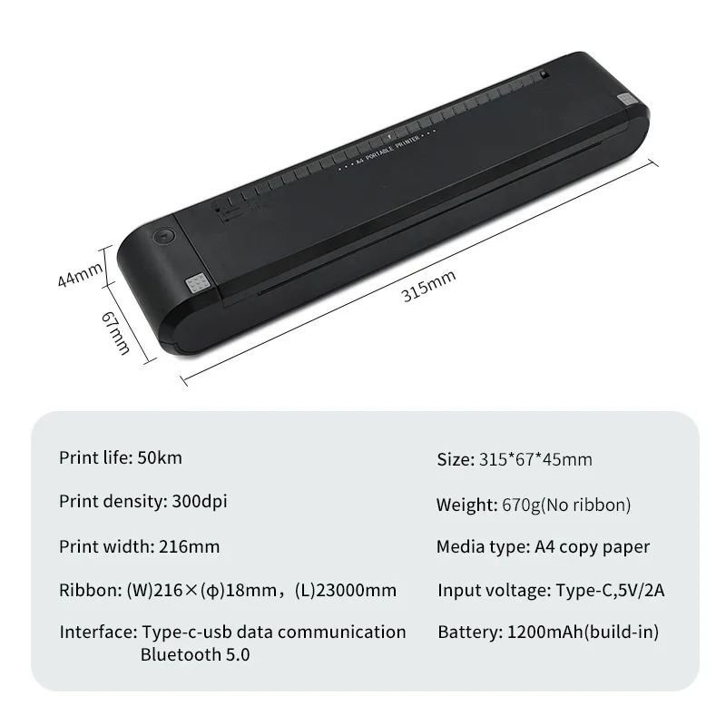 Портативный Bluetooth HD A4 термотрансферный принтер 300 точек на дюйм для мобильных