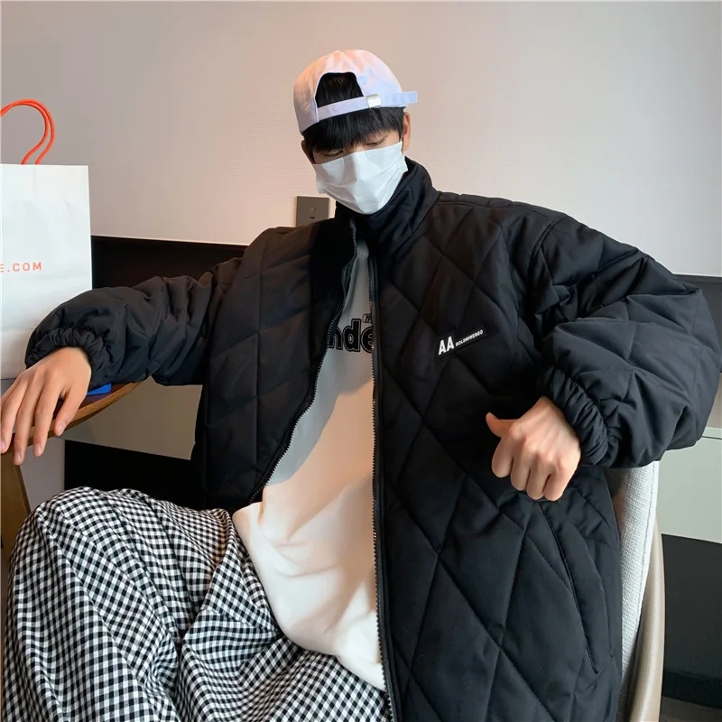 Padded men's winter diamond-shaped lattice port trend brand ins loose ruffian handsome stand-up collar padded jacket all-match
