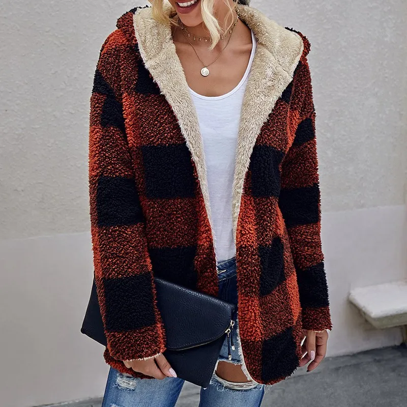 New Winter Plaid Thick Warm Jacket Parkas Women Lambswool Cotton Padded Coat Female 2021 Autumn Fashion Ladies Casual Coats Red