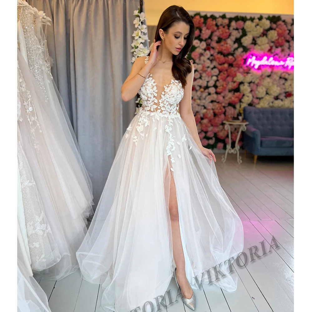 

VIKTORIA Wedding Dress For Woman 2023 Bridal Fancy Saide Slit Tank Pleat V-neck A-LINE Appliques Vestidos De Novia Customised