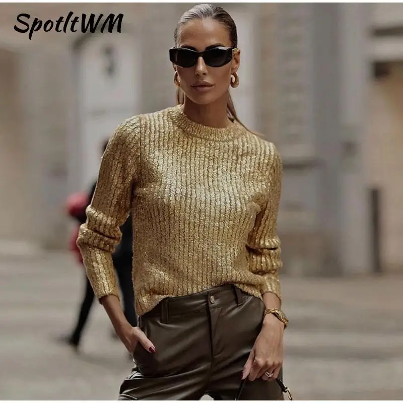 

Женский Осенний вязаный свитер с круглым вырезом и длинным рукавом