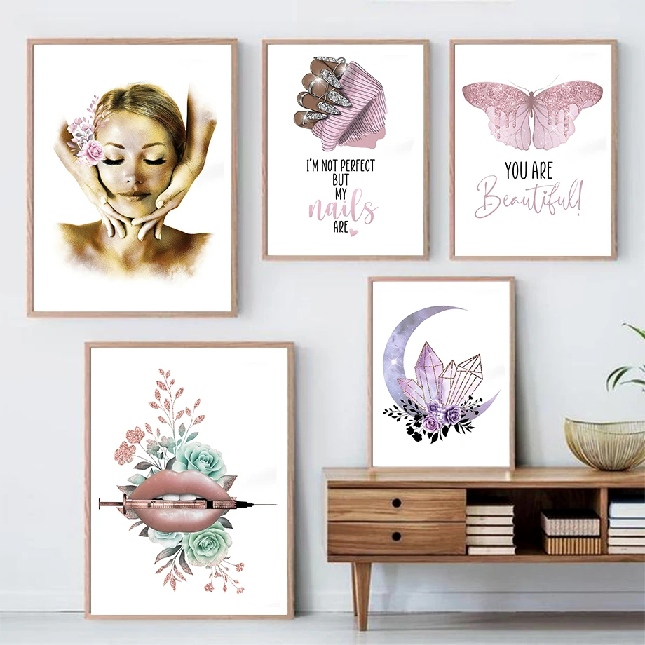 

Lip Botox Spa Butterfly Nail Tech Moon Wall Art Canvas Painting Nordic Posters And Prints Wall Pictures For Beauty Salon Decor