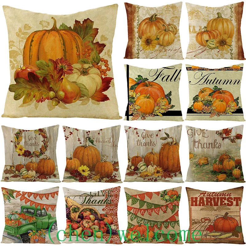 

Thanksgiving Pillow Cover Pumpkin Print Harvest Linen Cushion Cover Office Sofa Pillow Cover yellow white decorative pillows