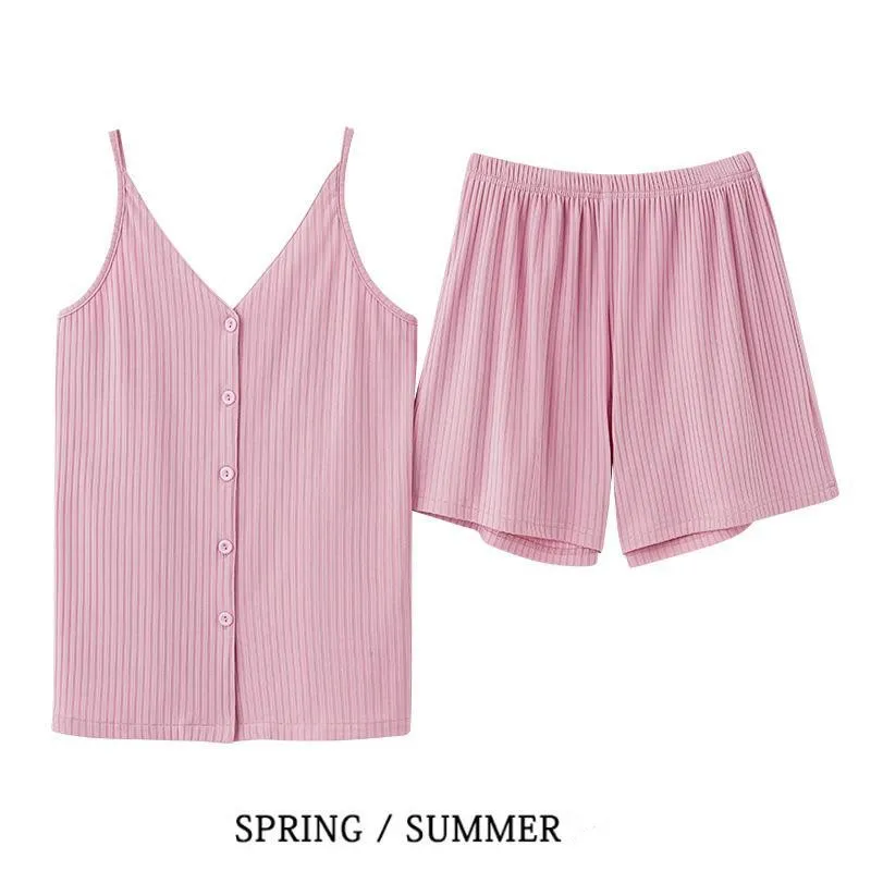 Simple Senior Sense Sleepwear Women Summer Casual Pajamas Cardigan Undershirt Doll Collar Suspenders Shorts Sexy Home Wear