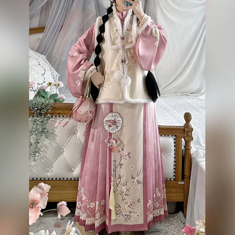 Розовое женское платье Hanfu Mingxian с вышивкой теплый чем воротник для ногтей рукав