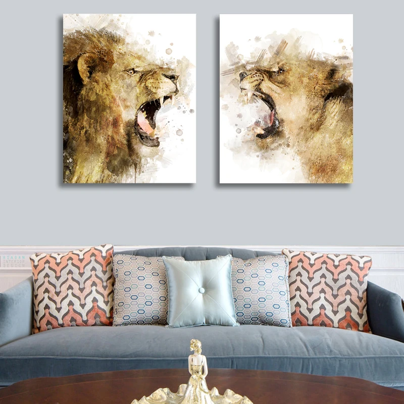 

Lion Watercolor Print Lion and Lioness Painting Safari Canvas Poster Nursery Animal Wall Art Living Room Decoration Picture
