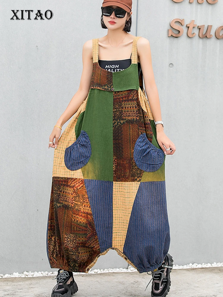 

XITAO Plaid Patchwork Jumpsuits Plus Size Goddess Fan Backless Sleeveless Pocket Casual Style Loose New Jumpsuits WLD7067