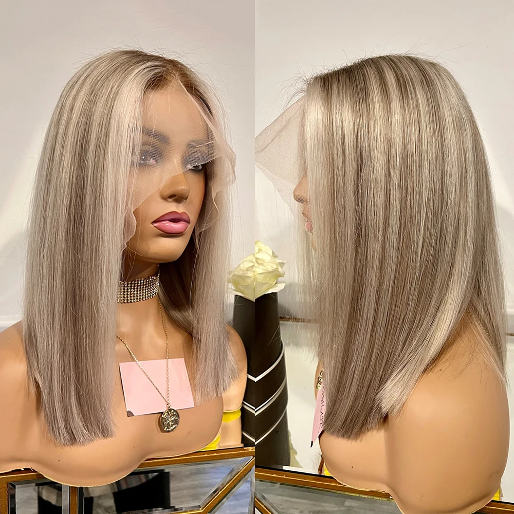 

Virgin Human Hair Bob Wig Ash Blonde Highlights #7 Roots Glueless Full Lace Wigs 180% Straight Lace Front Wig HD 13x4 Preplucked
