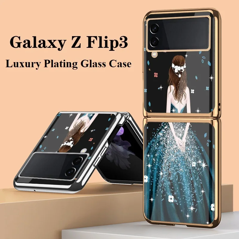 

Luxury Plating Tempered Glass Case for Samsung Z Flip 3 Cover Cartoon Beautiful Girl Shockproof Case for Galaxy Z Flip 3 Case