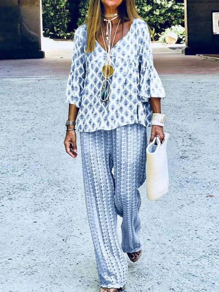 

Summer Outfits for Women 2023 New Fashion Printed Elegant Women's Sets Loose Casual Pants Set Short Sleeved V-neck Sportswear