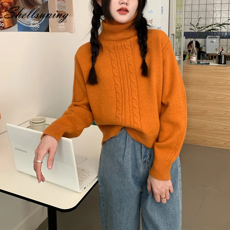 

Shellsuning Solid Twist Turtleneck Thick Knitted Sweater Women Fahion Loose Cropped All-match Pullover Female Vintage Basic Tops