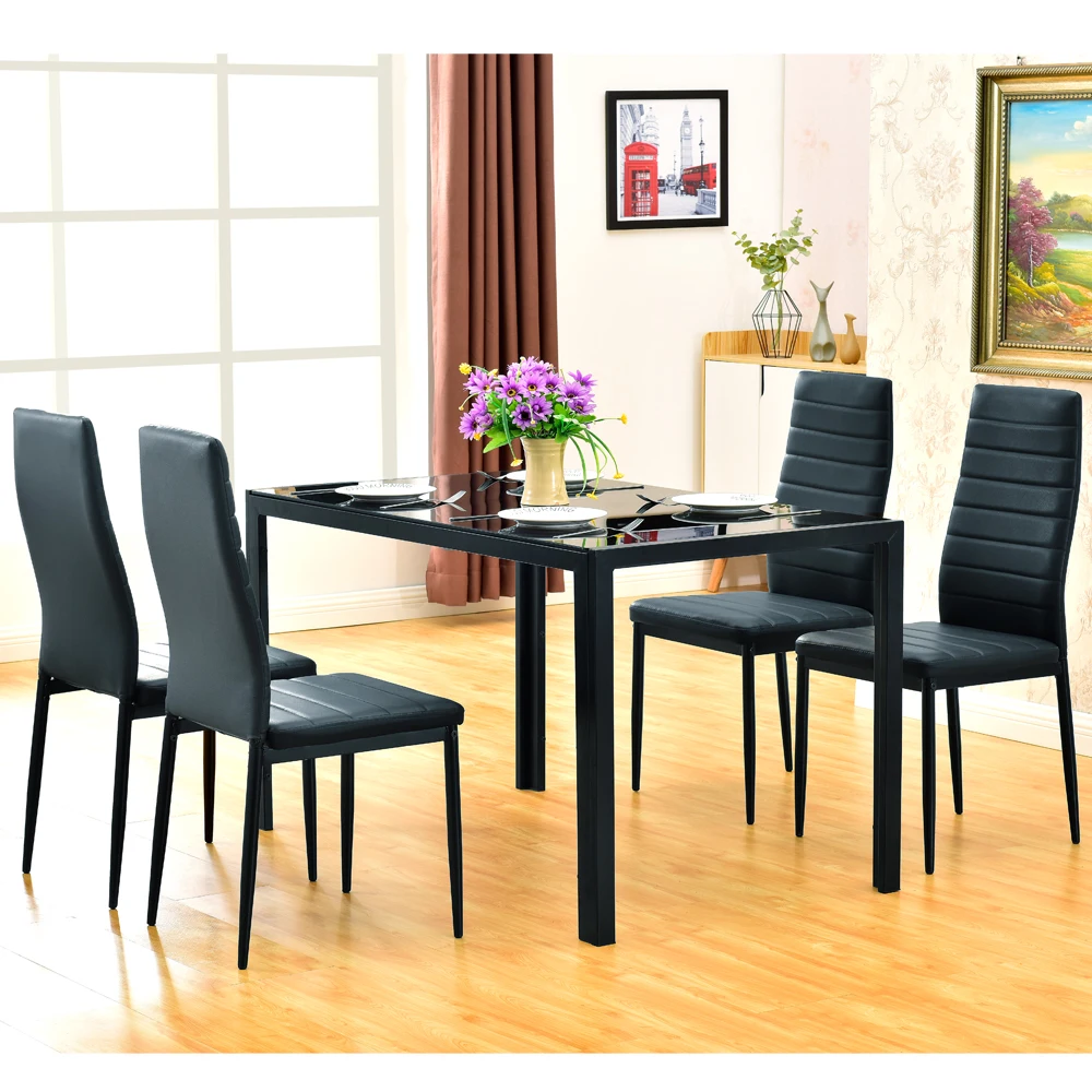 

Simple Assembled Tempered Glass & Iron Dinner Table + 4pcs Elegant Assembled Stripping Texture High Backrest Dining Chairs Black