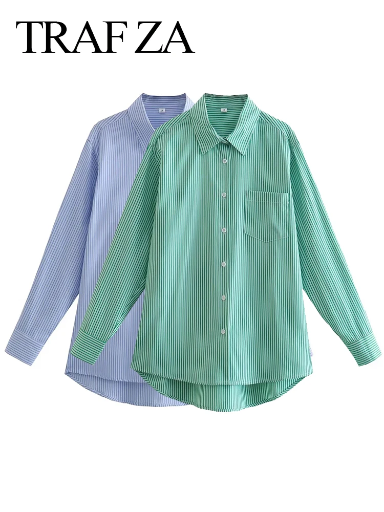 

Рубашка в полоску TRAF ZA, Повседневная Удобная блузка, универсальный офисный Топ, повседневная одежда, синий и зеленый цвета