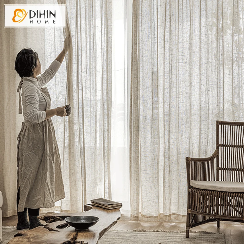 

Japanese style linen fabric striped sheer curtain yarn for living room gauze semi-shading ramie yarn custom curtains