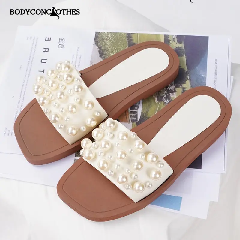 

Bodyconclothes Brand 2022 Summer Women Slipper Pearl Style Flip Flops Beach Flat Sliders Shoes Sandals Outside Woman Slippers