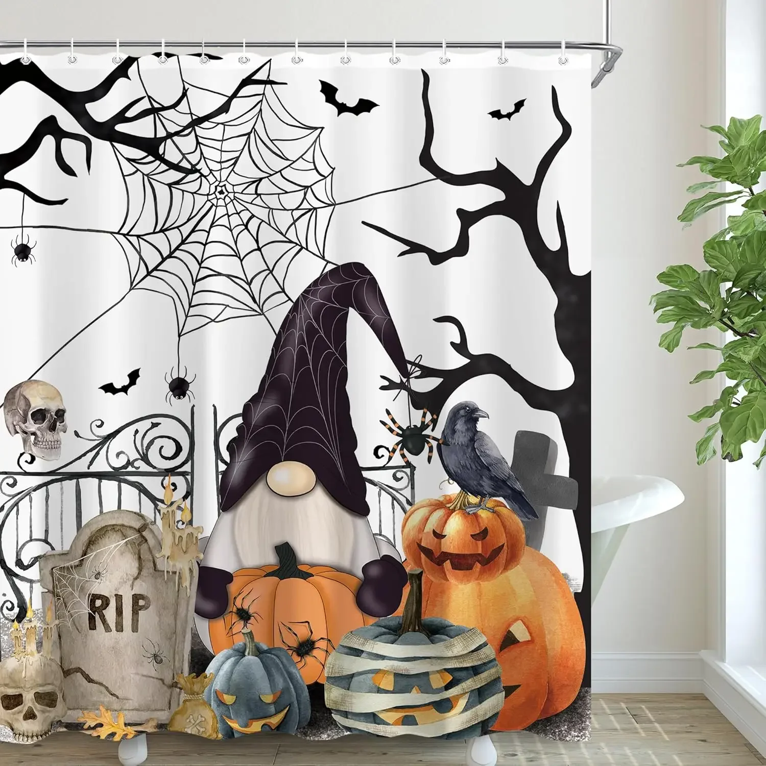 Halloween Shower Curtain Bloody Handprint Skeleton Bats Ghost Pumpkin Happy Elf Polyester Bath Home Decoration