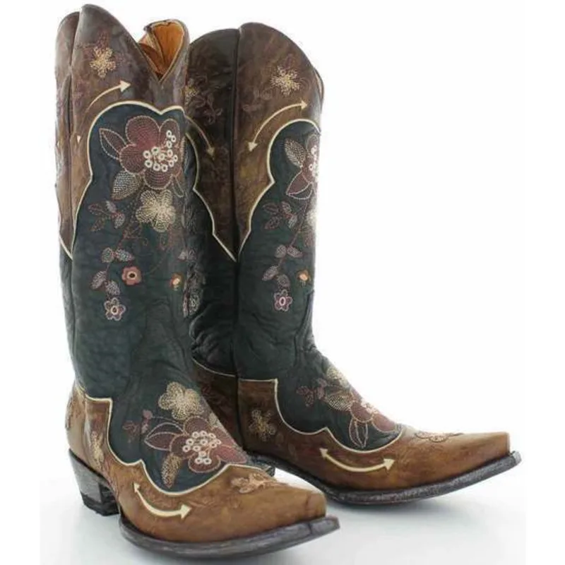 

Western Boots Cowboy Boots Pointed Toe Mid Heels Embroidered Pu Ladies Shoes Vintage Women Boots Cowgirl Boots