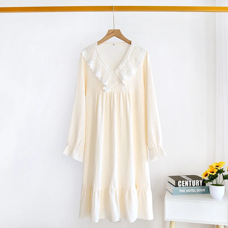Princess Nightdress Cotton Spring Autumn Double Gauze V-Neck Lace Long Sleeve Washed Crepe outdoor over The Knee Home nightgown