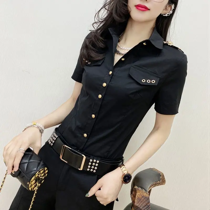 

Summer 2023 New Fashion Niche Temperament High Sense of Self-cultivation Epaulette Foreign Style Short-sleeved Shirt Woman