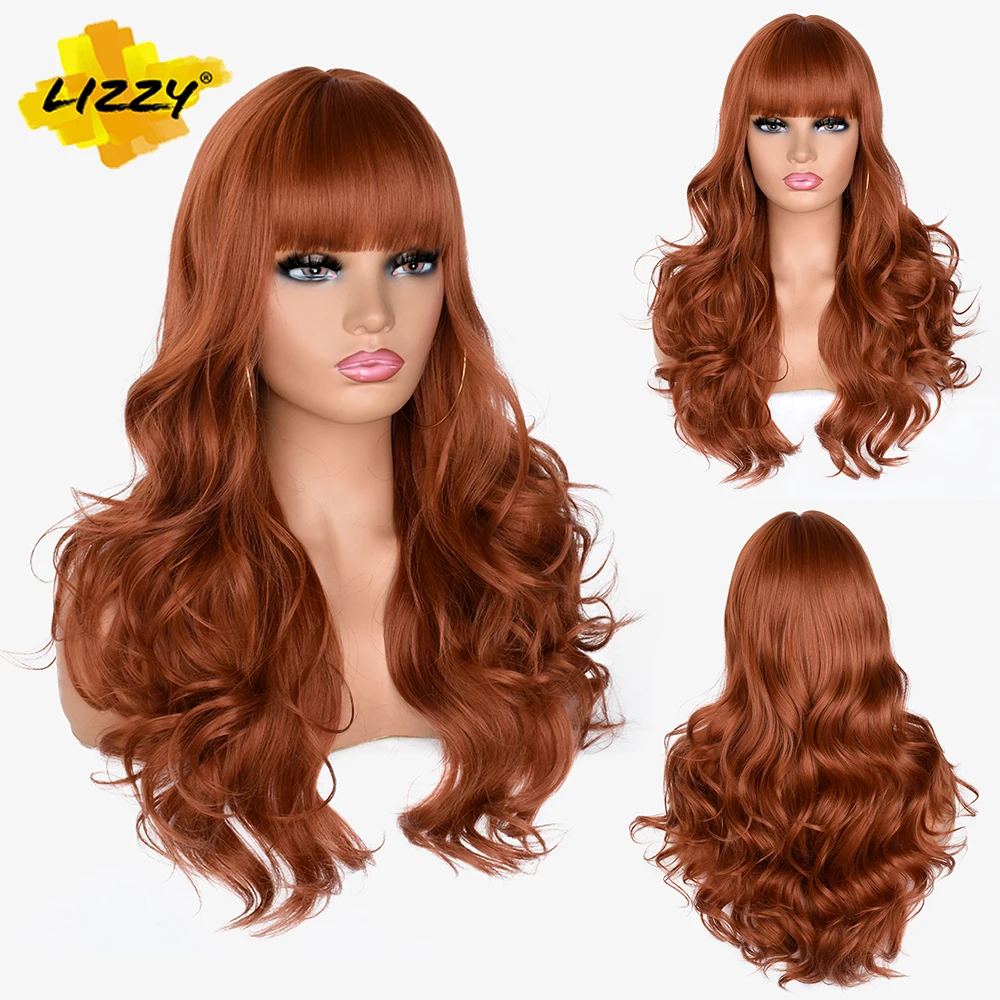 

Long Wavy Hair Wigs For Women Red Brown Copper Ginger Synthetic Natural Body Wave Wig With Bangs Cosplay Party Heat Resistant