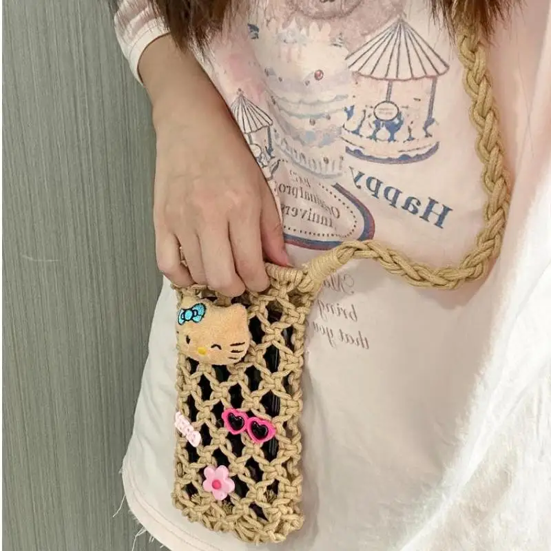 Sanrio Гавайская черная кожа Hello Kitty ручная работа плетеная Сумка для телефона