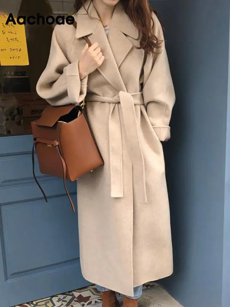 

Aachoae Women Elegant Solid Color Long Wool Coat With Belt Long Sleeve Turn Down Collar Coats Female Autumn Winter Outerwear
