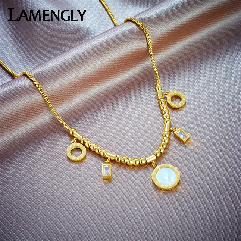 

LAMENGLY 316L Stainless Steel Round Roman Numeral Dial Pendant Necklace For Women Girl New Trend Chain Choker Jewelry Gift