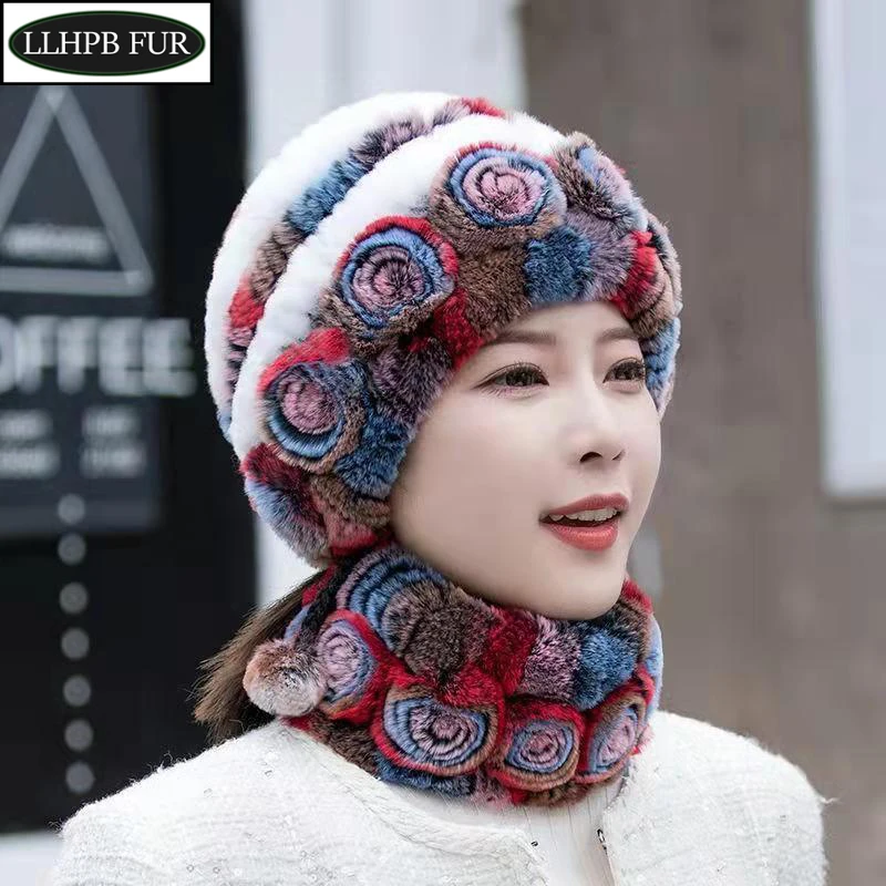 

Winter Warm Real Fur Hat Scarf Sets Women Knitted Soft 100% Real Rex Rabbit Fur Hat Scarves Natural Rex Rabbit Fur Cap Scarf Set