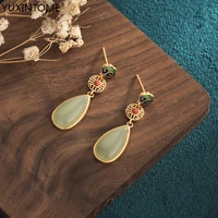 24k gold plated925 sterling silver ear needle ethnic chinese style retro stud earrings jade water drop pendant earrings jewelry