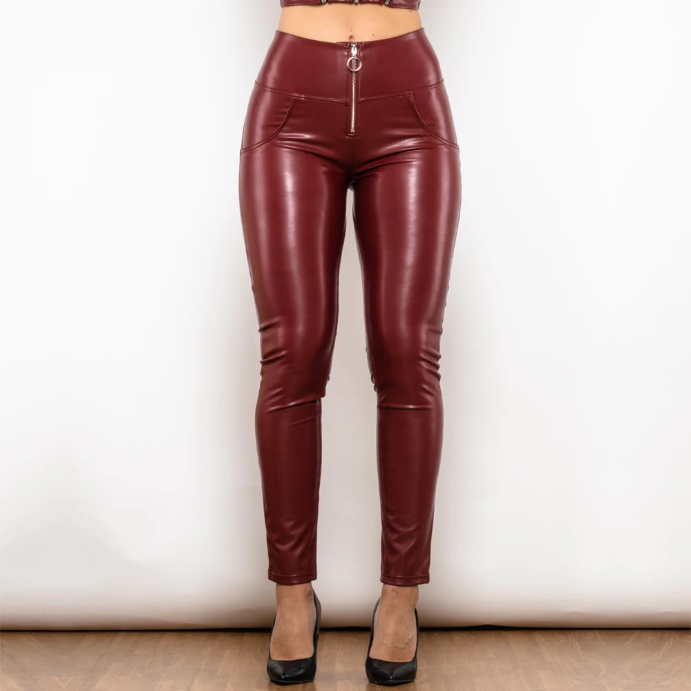 Shascullfites Melody Burgundy High Waist Leather Pants with Ring Zipper Elastic Push Up Leather Leggings Scrunch Bum Pants