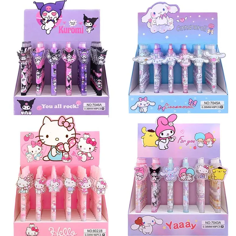 Sanrio 48Pcs Cartoon Gel Pen Kitty Kuromi Hello Cinnamoroll Pens Students Stationery 0.5/0.38 Black School Children Write Supply