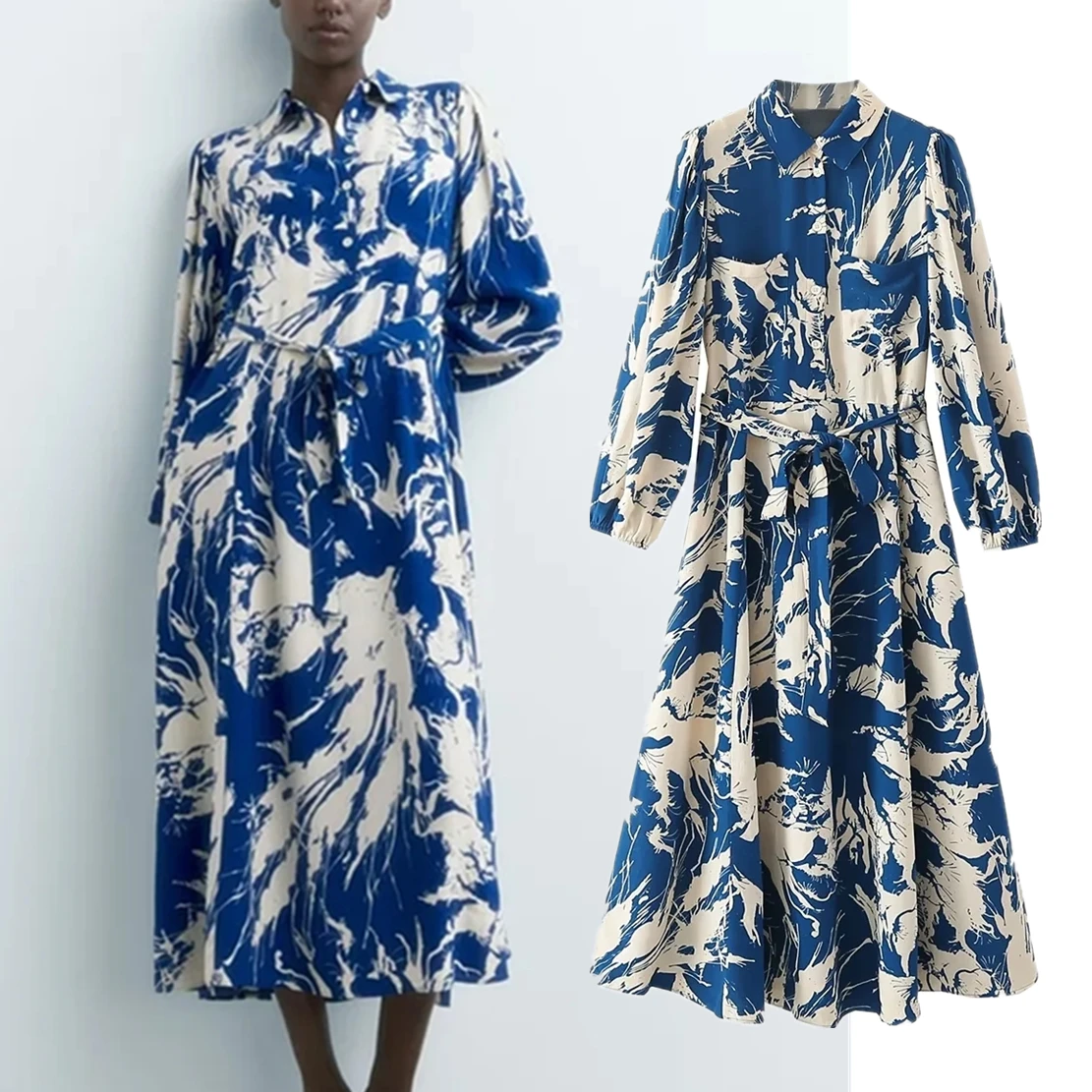 

Maxdutti England Style Tropical Print Dress Sashes Long Shirt Dress Fashion Casual Midi Dress Women