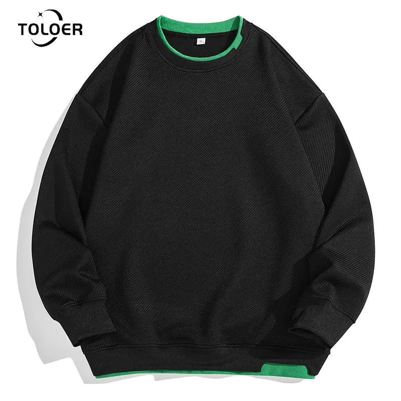 

Round Neck Men Sweatshirt 2023 Spring Autumn New Fashion Fake Two Piece Pullover Solid Color Male Sweatshirts Long Sleeve Tops