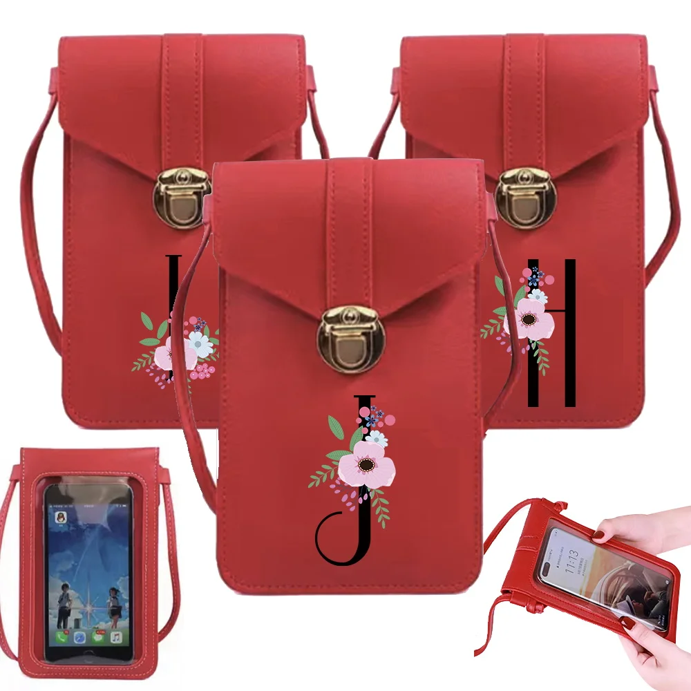 

Touch Screen Mobile Phone Bag Universal for Samsung/iPhone/Huawei Handbag Black Flower Letters Print Wallet Women Shoulder Bags