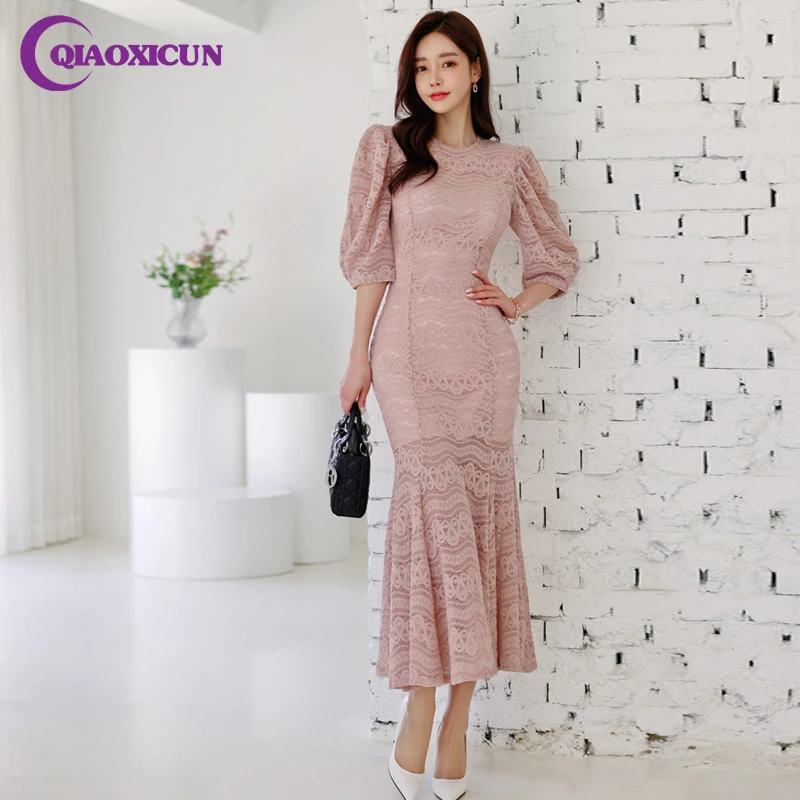 

Женское платье с юбкой-годе, Элегантное Длинное облегающее кружевное платье в Корейском стиле, лето 2022