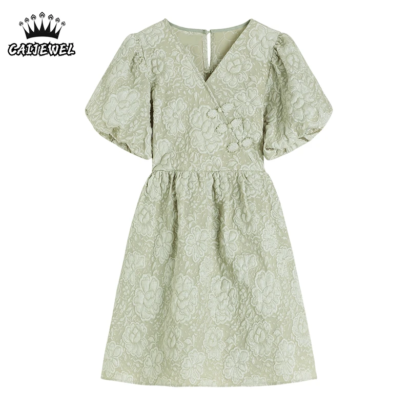 

Women's French Dress V Neck Disc Buckle Jacquard Puff Short Sleeve Casual Fashion High Waist Baggy Short Skirt Ladies Summer