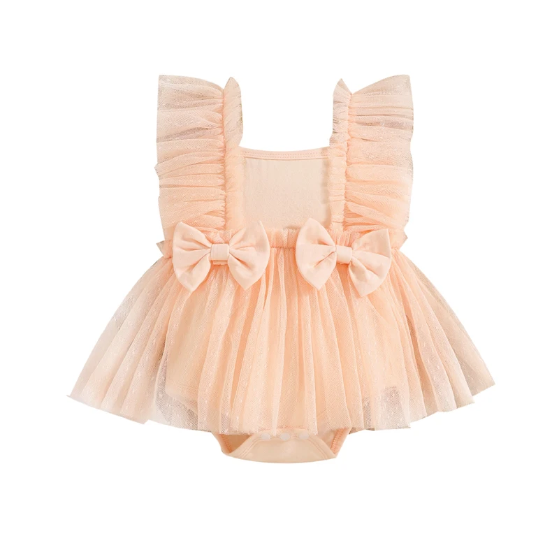 Baby Girls Romper, Solid Sleeveless Square Neck Bowknot Party Princess Tulle Dress