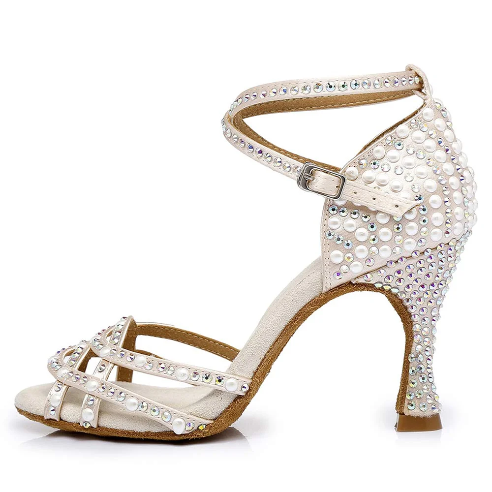 Dance Shoes With Rhinestones Pearls Women Ballroom Latin Dancing Shoes For Girls Latin Dance Shoes Tango Bachata Dance Shoe