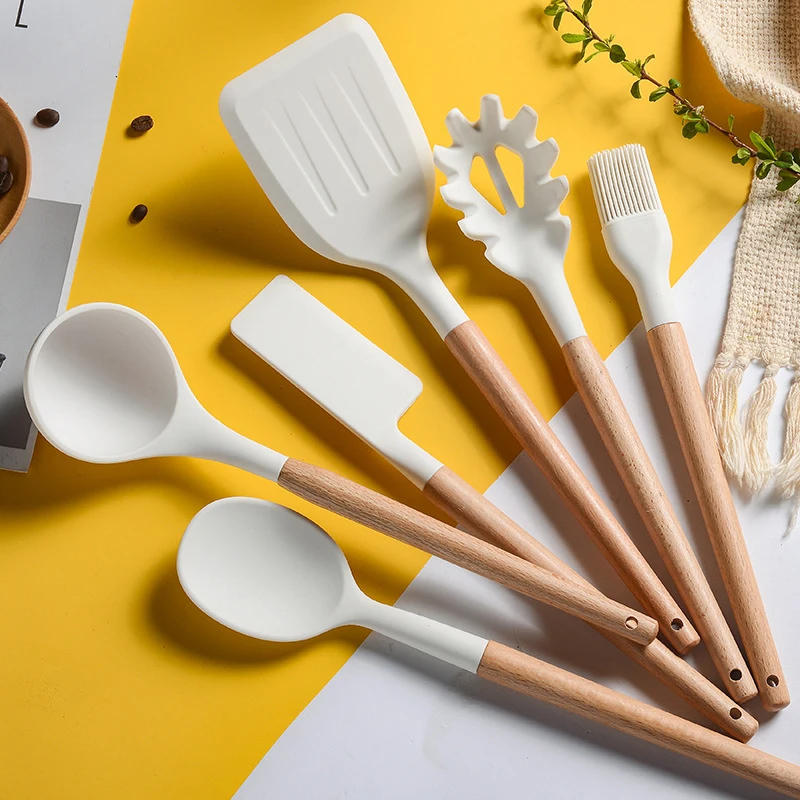

Kitchen Cooking Kitchenware Tool Silicone Utensils With Wooden Multifunction Handle Non-Stick Spatula Ladle Egg Beaters Shovel