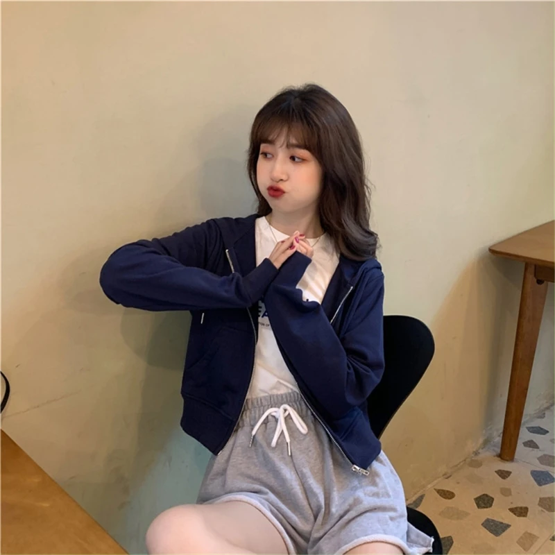 

Women Long Sleeves Sweatshirt Zip-front Hooded Sweatshirt Solid Casual Hoodie Sweatshirt Crop for Daily School