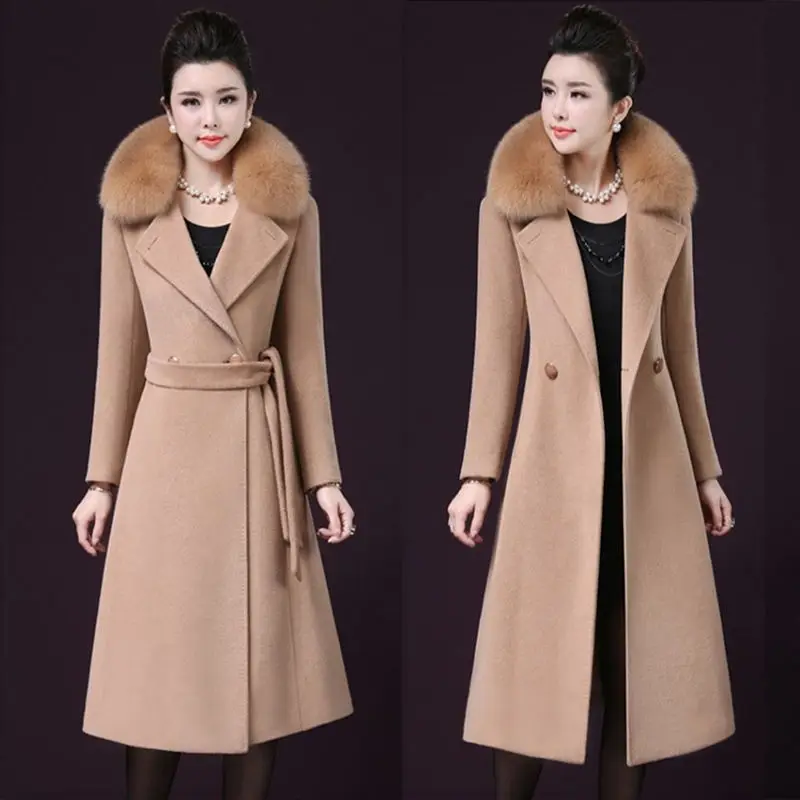 Woolen Coat Women's 2022 Fashion Winter Trench Long Over The Knee Woolen Collar Woolen Casual Coat Foreign Style