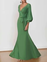 clover mermaid formal evening dress 2022 with sash v neck 34 sleeve chiffon prom party gown vestidos festa robe de soiree