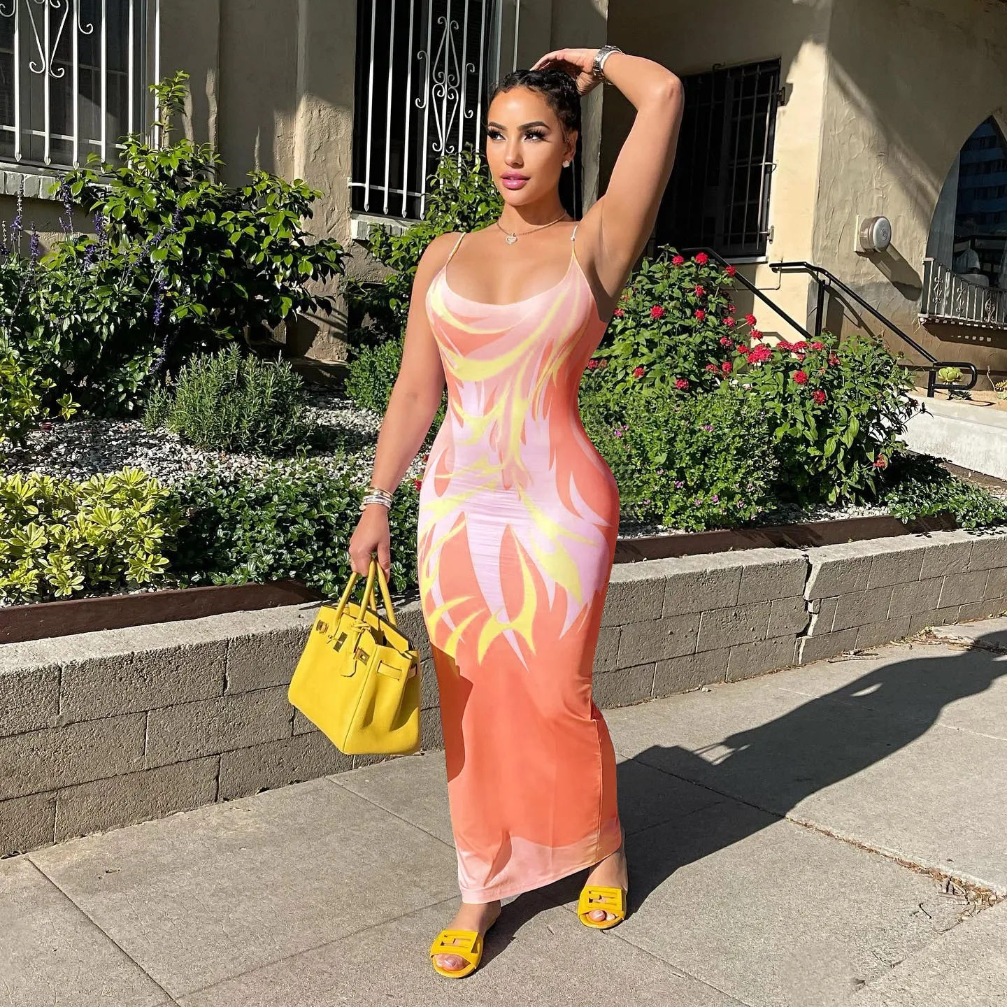 

Летнее облегающее платье-макси, женское облегающее платье с узким принтом Y2K, сексуальное длинное платье без рукавов с открытой спиной, вече...