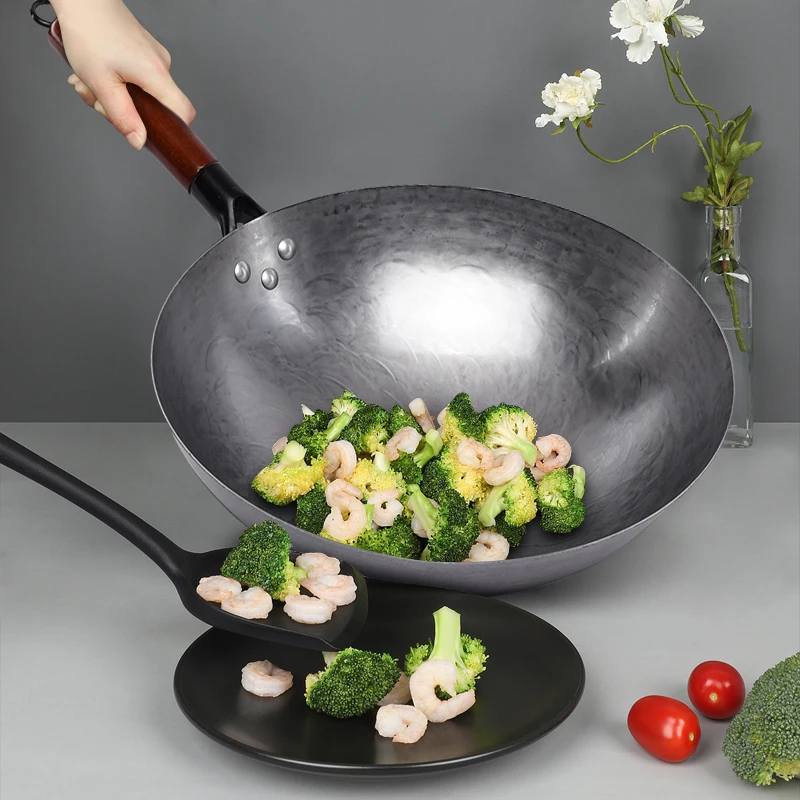 

Железная вок без покрытия, китайский традиционный вок ручной работы для кухни, сковорода, деревянная ручка для газовой посуды на 3-4 человек