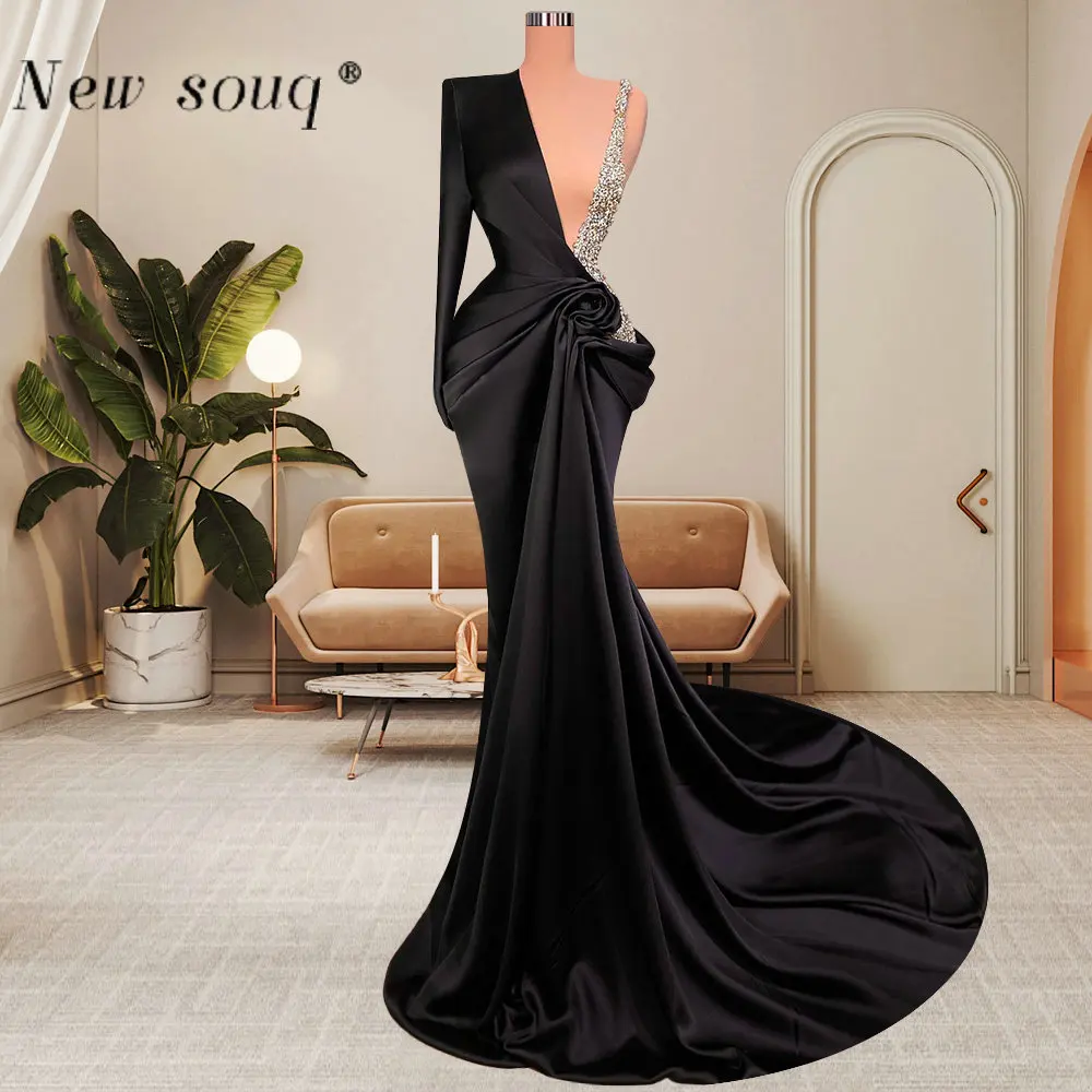 

Длинные черные сексуальные вечерние платья русалки с глубоким V-образным вырезом на одно плечо в сложенном виде драпированные атласные Фор...