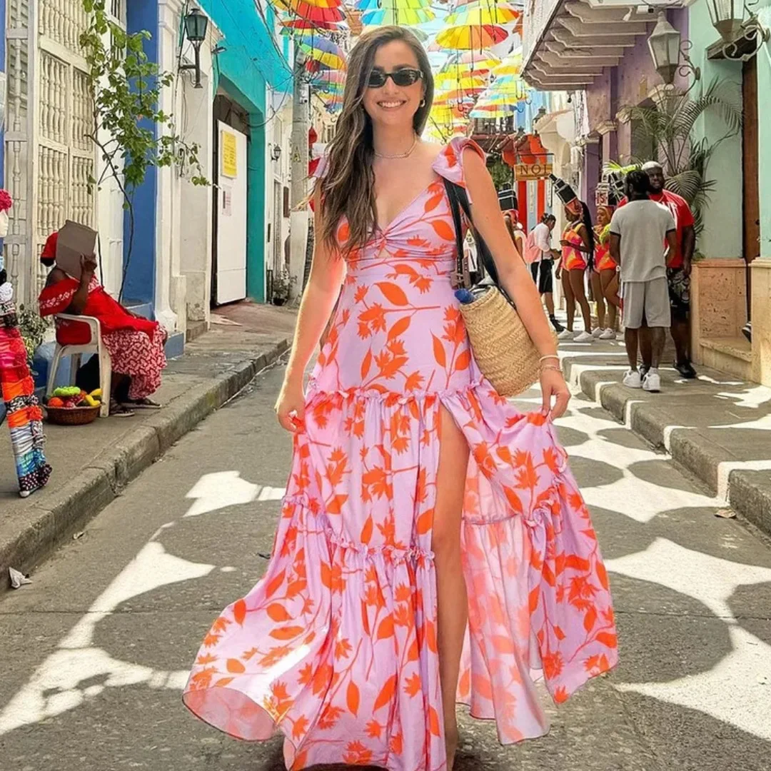 Женский купальник и юбка для отдыха V-образный вырез с принтом оранжевых листьев