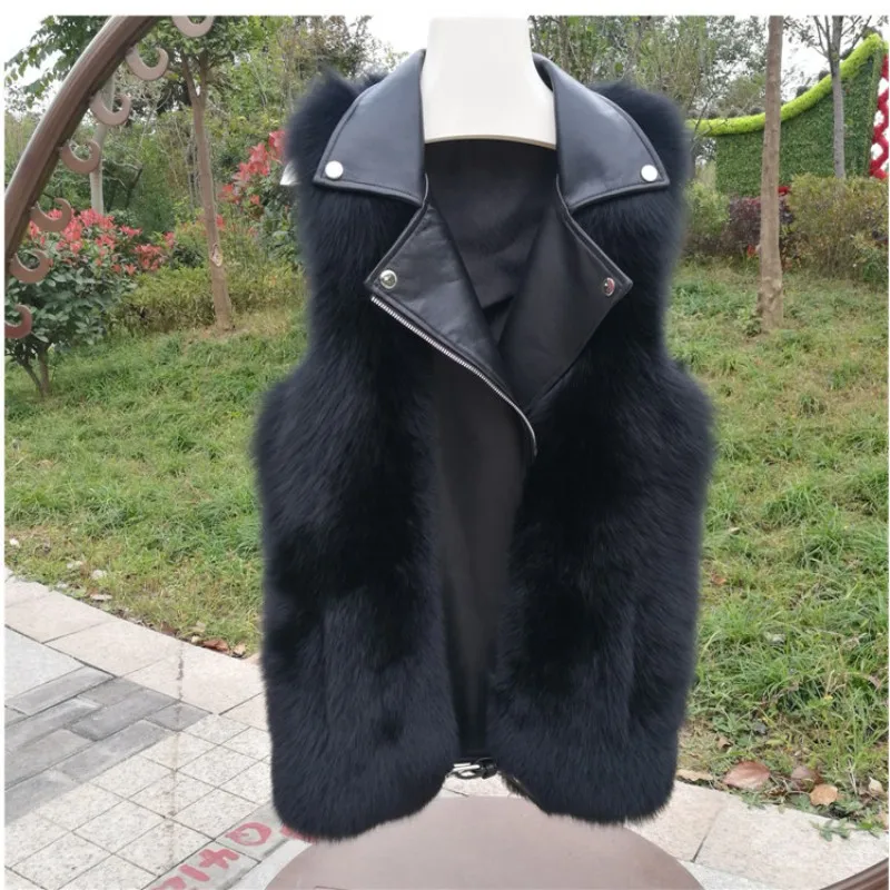 genuine leather vest sheepskin jacket whole skin real fox fur gilet women sleeveless black coats dames jassen winter