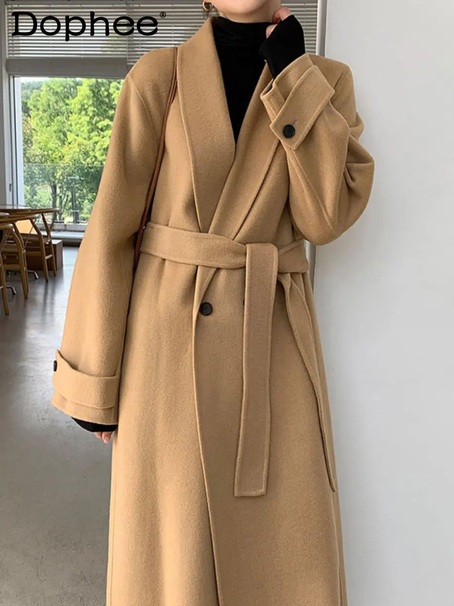 

High-End Vintage Suit Collar Belt Waist Long Woolen Coat for Women 2022 Autumn Winter New Overcoat Solid Color Wool Trench Coat