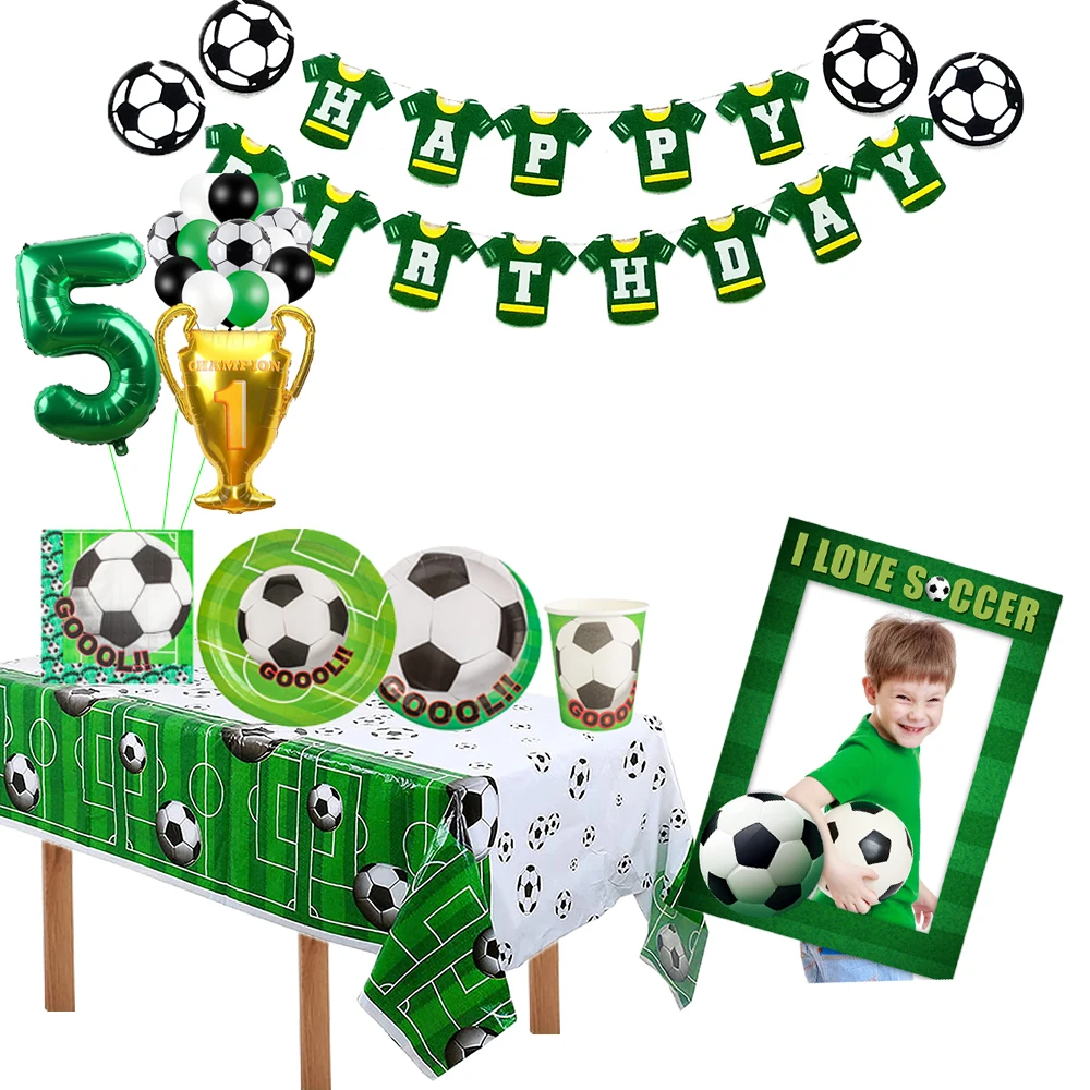 

Football Theme Disposable Tableware Cup Plates Banner Football Photo Frame Boys Soccer Theme Birthday Party Supplies Baby Shower