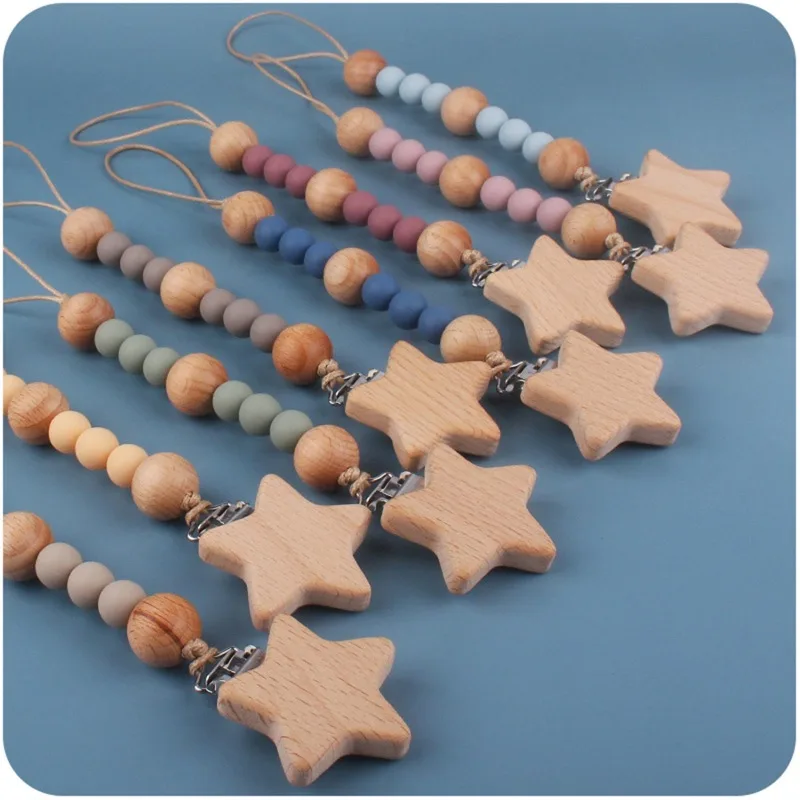 

Beech Wood Chew Beads Pacifier Clips Dummy Chain Holder Cute Soother Chains Nipple Appease Baby Teething Toy Baby Chew